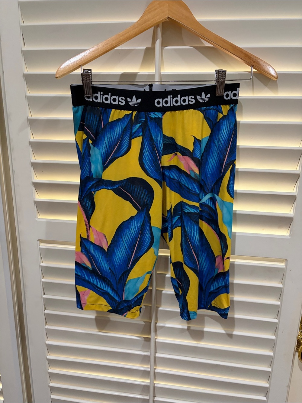 adidas Yellow Floral Athletic Shorts with Blue Leaf Print
